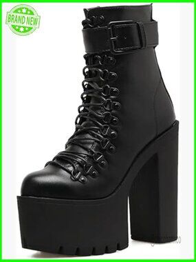 Chunky High Heeled Lace Up Combat Ankle Boots Platform Lug Sole Goth Punk